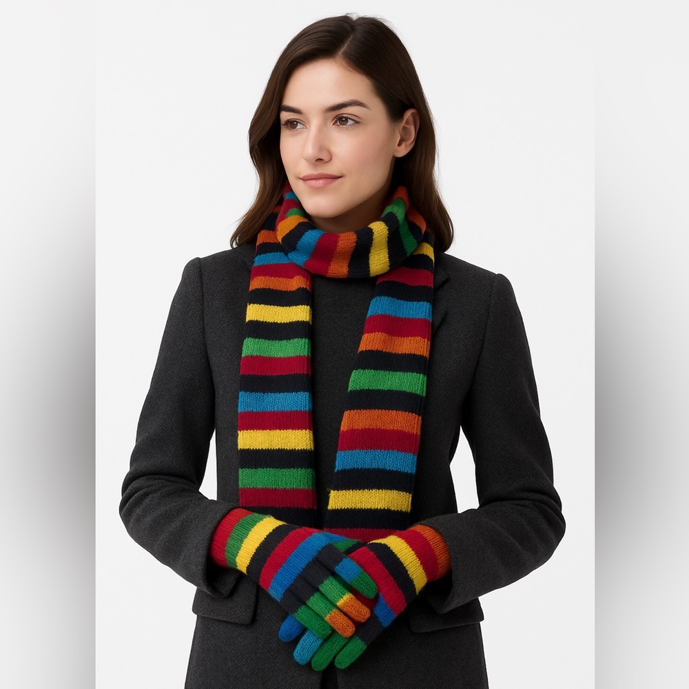 Multi-Colored Striped Scarf & Glove Set